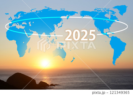 朝日に世界地図と2025　合成 121349365
