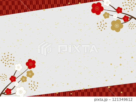 梅が咲く和柄と和紙の年賀状背景素材2 梅が咲く和柄と和紙の年賀状背景素材2 121349612
