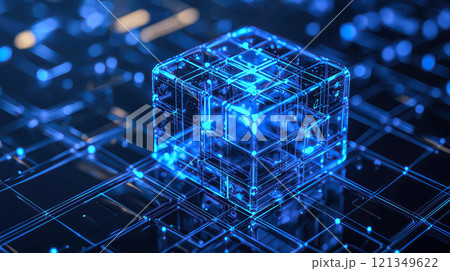A glowing cube representing blockchain technology. The concept of decentralized systems, secure digital transactions, and futuristic innovation. Generative AI. 121349622