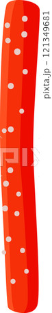Simple vector illustration of a long, slightly curved, red stick featuring several small white dots, isolated on a white background, resembling a minimalist design 121349681