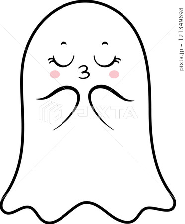 Cartoon ghost blowing a kiss with closed eyes and pink cheeks, simple and cute design perfect for Halloween projects, greeting cards, stickers, and apparel 121349698