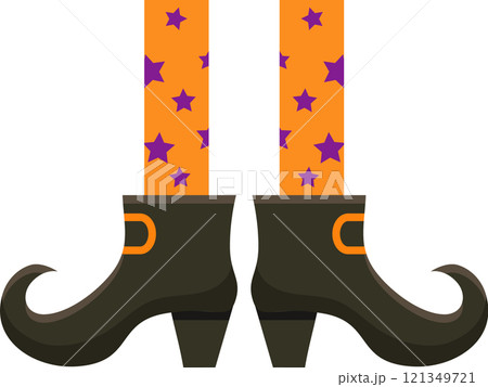 Witch legs wearing orange stockings with purple stars and pointy black boots with curled tip and orange buckle standing on white background represent halloween celebration 121349721