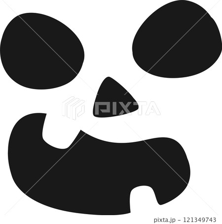 Minimalist black and white illustration of a halloween pumpkin carving showing a spooky face with wide open mouth, big round eyes and triangular nose 121349743