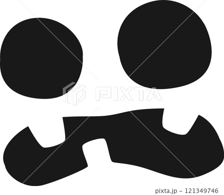 Minimalist black and white illustration of a halloween spooky face with big round eyes and toothy mouth, creating a simple yet eerie image perfect for holiday projects 121349746