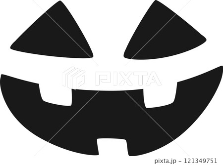 Featuring a simple black and white Halloween pumpkin carving, showcasing triangular eyes and a big, spooky smile, ideal for enhancing all Saints Eve decorations and celebrations 121349751