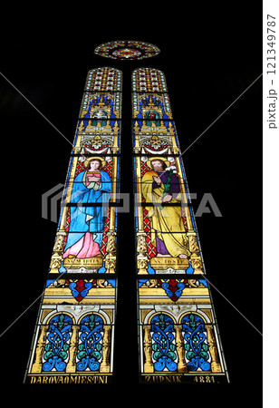 Stained glass window in Basilica Assumption of the Virgin Mary in Marija Bistrica, Croatia 121349787