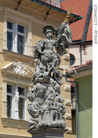 Saint Florian statue on the central square in Ptuj, town on the Drava River banks, Lower Styria Region, Slovenia 121349813