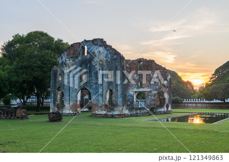 Inside Phra Narai Ratchaniwet or King Narai Palace with sun set. Lopburi, Thailand Inside Phra Narai Ratchaniwet or King Narai Palace with sun set. Lopburi, Thailand 121349863