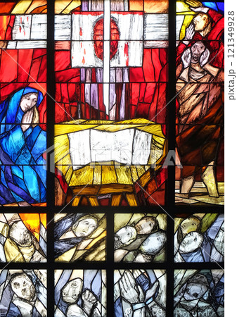 History of salvation, stained glass window by Sieger Koder in church of Saint Bartholomew in Leutershausen, Germany History of salvation, stained glass window by Sieger Koder in church of Saint Bartholomew in Leutershausen, Germany 121349928