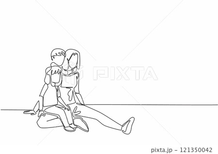 Continuous one line drawing mother sits on the floor holding her daughter. Her son hugs from behind. Try to be fair. Loving. National Single Parent Day. Single line draw design vector illustration 121350042