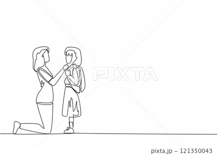 Single continuous line drawing mother kneeling buttoning daughter's shirt. Help prepare for going to school. Without ulterior motives. National Single Parent Day. One line design vector illustration 121350043