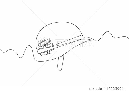 Single one line drawing an army helmet with bullet stock attached to the helmet. Be prepared. Battlefield can happen suddenly. Vietnam War Veterans Day. Continuous line design graphic illustration 121350044