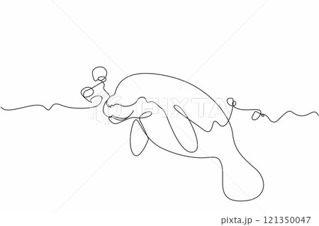 Single one line drawing the manatee swimming with lots of air bubbles. Marine biota. Maintaining the balance of marine life. Manatee Appreciation Day. Continuous line design graphic illustration 121350047