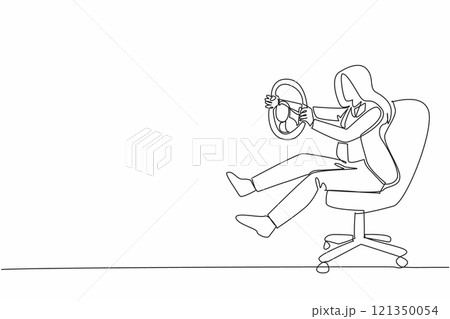 Single one line drawing businesswoman sit on chair playing with car steering wheel. Holiday alone. Very lazy to activities in office. National Goof Off Day. Continuous line design graphic illustration Single one line drawing businesswoman sit on chair playing with car steering wheel. Holiday alone. Very lazy to activities in office. National Goof Off Day. Continuous line design graphic illustration 121350054