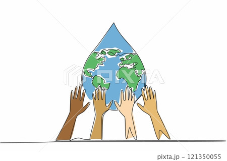 Continuous one line drawing some hands holding water drop. Must continue to maintain the purity of water. Cooperate with each other. Save. World Water Day. Single line draw design vector illustration Continuous one line drawing some hands holding water drop. Must continue to maintain the purity of water. Cooperate with each other. Save. World Water Day. Single line draw design vector illustration 121350055