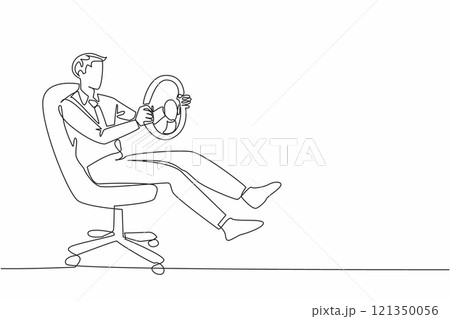Continuous one line drawing a businessman sit on office chair playing with the steering wheel. Latest car racing game. Lazy day. National Goof Off Day. Single line draw design vector illustration 121350056