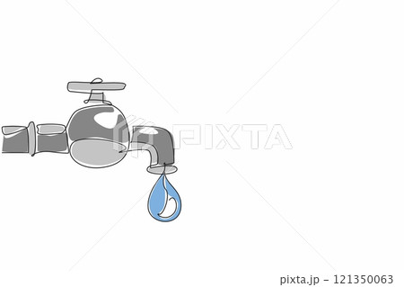 Single one line drawing water drop coming out of the water tap. Metaphor. Lifestyle threatens the world to be hit by drought. Save water. World Water Day. Continuous line design graphic illustration 121350063