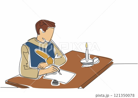 Single continuous line drawing man in medieval clothes writing on old paper. Writing rhyming poems. Writing metaphors with implied meanings. World Poetry Day. One line design vector illustration 121350078