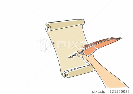 Single one line drawing hand writing on old paper. Writing poems. Poetry. Rhyme. Lyrics. Rhyming. Historical writings. Full of allusions. World Poetry Day. Continuous line design graphic illustration 121350082