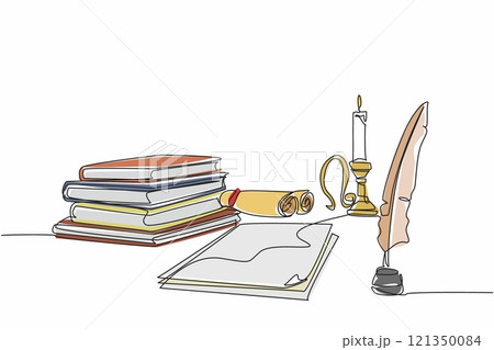 Continuous one line drawing of stack of books, sheets of paper, rolls of paper in one frame. Classical era writing instrument. Quill. World Poetry Day. Single line draw design vector illustration Continuous one line drawing of stack of books, sheets of paper, rolls of paper in one frame. Classical era writing instrument. Quill. World Poetry Day. Single line draw design vector illustration 121350084