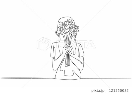 Single one line drawing woman holding bouquet of daffodils with both hands. Blushing embarrassed covered the face. Plants have many benefits. Daffodil Day. Continuous line design graphic illustration Single one line drawing woman holding bouquet of daffodils with both hands. Blushing embarrassed covered the face. Plants have many benefits. Daffodil Day. Continuous line design graphic illustration 121350085