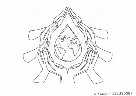 Single one line drawing series of hands forming water drop. Keep the water clean. Without contamination. Water is the source of life.  World Water Day. Continuous line design graphic illustration Single one line drawing series of hands forming water drop. Keep the water clean. Without contamination. Water is the source of life.  World Water Day. Continuous line design graphic illustration 121350097
