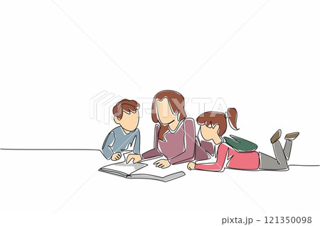 Single continuous line drawing mother lying on the floor reading a book with her daughter and son. Set an example for a love of reading. National Single Parent Day. One line design vector illustration Single continuous line drawing mother lying on the floor reading a book with her daughter and son. Set an example for a love of reading. National Single Parent Day. One line design vector illustration 121350098
