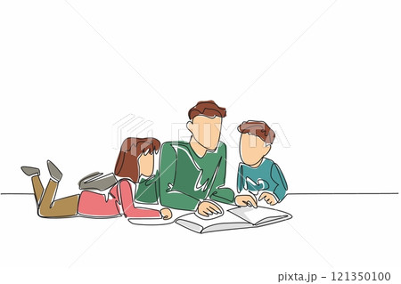 Single one line drawing father lying down reading book with son and daughter. Parenting by reading useful books. Taking wisdom. National Single Parent Day. Continuous line design graphic illustration 121350100