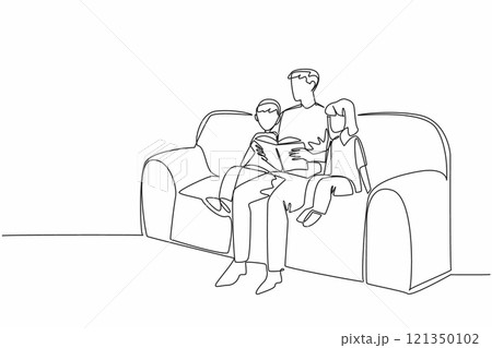 Single one line drawing father reading a book while hugging his daughter and son. Inspirational story of children. Good example. National Single Parent Day. Continuous line design graphic illustration 121350102