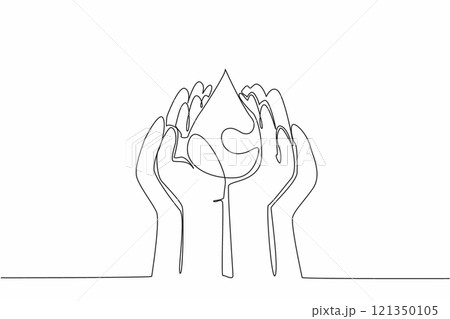 Single continuous line drawing child and adult palms pressed together to catch water. Teaching early awareness of the environment. Save water. World Water Day. One line design vector illustration 121350105