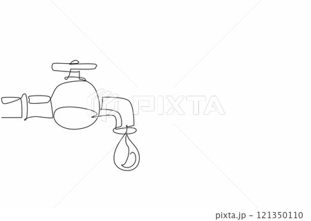 Single one line drawing water drop coming out of the water tap. Metaphor. Lifestyle threatens the world to be hit by drought. Save water. World Water Day. Continuous line design graphic illustration 121350110