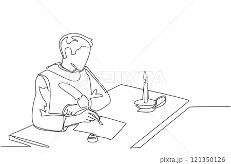 Single continuous line drawing man in medieval clothes writing on old paper. Writing rhyming poems. Writing metaphors with implied meanings. World Poetry Day. One line design vector illustration 121350126