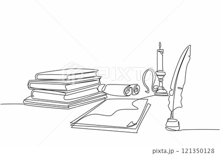 Continuous one line drawing of stack of books, sheets of paper, rolls of paper in one frame. Classical era writing instrument. Quill. World Poetry Day. Single line draw design vector illustration Continuous one line drawing of stack of books, sheets of paper, rolls of paper in one frame. Classical era writing instrument. Quill. World Poetry Day. Single line draw design vector illustration 121350128