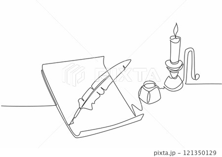 Single continuous line drawing a sheet of paper with quill. There is an inkwell to make writing easier. Recording culture through light language. World Poetry Day. One line design vector illustration 121350129