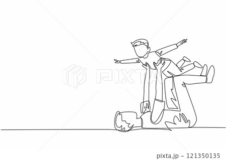 Continuous one line drawing father lying on floor lifting son. Playing like an airplane. Responsible for taking care of child. National Single Parent Day. Single line draw design vector illustration 121350135