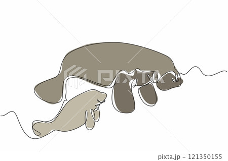 Single continuous line drawing a mother manatee is swimming with her baby. underwater scene. preserving marine ecosystems. Maternal care. Manatee Appreciation Day. One line design vector illustration 121350155