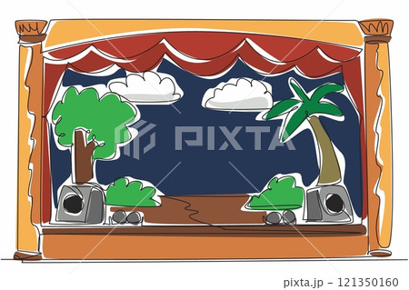 Single one line drawing theater stage with complete setting. Role play with a tropical theme. Enlivens the atmosphere for the audience. World Theatre Day. Continuous line design graphic illustration Single one line drawing theater stage with complete setting. Role play with a tropical theme. Enlivens the atmosphere for the audience. World Theatre Day. Continuous line design graphic illustration 121350160