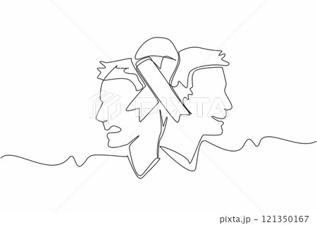 Single continuous line drawing green ribbon in middle of two people with different expressions. Mental disorders. Health disorders. Mood swings. World Bipolar Day. One line design vector illustration Single continuous line drawing green ribbon in middle of two people with different expressions. Mental disorders. Health disorders. Mood swings. World Bipolar Day. One line design vector illustration 121350167