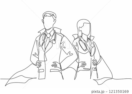 Single continuous line drawing male and female doctors wear the winged uniforms. Posing like a superhero duo. Putting humanity first. The national of doctor day. One line design vector illustration 121350169