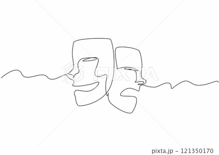 Continuous one line drawing two theater masks with different expressions. Role-playing entertainment stage. Playing different characters. World Theatre Day. Single line draw design vector illustration Continuous one line drawing two theater masks with different expressions. Role-playing entertainment stage. Playing different characters. World Theatre Day. Single line draw design vector illustration 121350170
