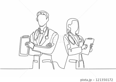 Single one line drawing male and female doctors holding clipboards. Make notes for the next doctor on duty. Medical records. The national of doctor day. Continuous line design graphic illustration 121350172