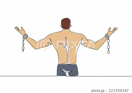 Single one line drawing a muscular man spreads his arms which are bound with broken chains. Free. Independent. Escape. Inhumane slavery. Bondage. Rights. Continuous line design graphic illustration 121350197