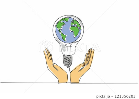 Single continuous line drawing bulb lamp is in the middle of the two open arms. Global movement to care more about the fate of the earth. Electric. Earth Hour Day. One line design vector illustration Single continuous line drawing bulb lamp is in the middle of the two open arms. Global movement to care more about the fate of the earth. Electric. Earth Hour Day. One line design vector illustration 121350203