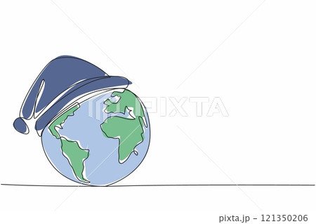Single continuous line drawing globe wearing a sleeping cap. Imagination. Symbolization. The tired earth. Let the earth stop working for a moment. Earth Hour Day. One line design vector illustration Single continuous line drawing globe wearing a sleeping cap. Imagination. Symbolization. The tired earth. Let the earth stop working for a moment. Earth Hour Day. One line design vector illustration 121350206