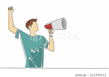 Continuous one line drawing man in casual clothes giving speech holding megaphone. Raising spirits. Dare to fight injustice. Symbol of resistance. Rights. Single line draw design vector illustration 121350211