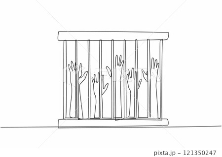 Continuous one line drawing five hands raised in cage. Slave trade that violates basic human rights. The cruelty of slavery. Urgently released. Dark times. Single line draw design vector illustration Continuous one line drawing five hands raised in cage. Slave trade that violates basic human rights. The cruelty of slavery. Urgently released. Dark times. Single line draw design vector illustration 121350247