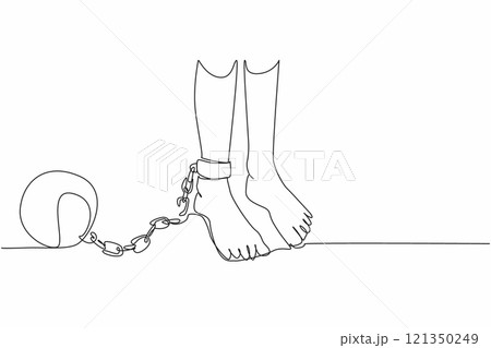 Single continuous line drawing feet shackled by metal prison ball chains whose chains are broken. Bitter memories of dark times. Human rights are not fulfilled. One line design vector illustration 121350249