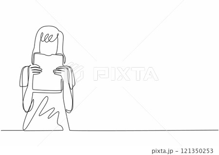 Single one line drawing a woman in casual clothes is biting a thick book. A unique metaphor. Spending a book increases understanding. Edible Book Day. Continuous line design graphic illustration Single one line drawing a woman in casual clothes is biting a thick book. A unique metaphor. Spending a book increases understanding. Edible Book Day. Continuous line design graphic illustration 121350253
