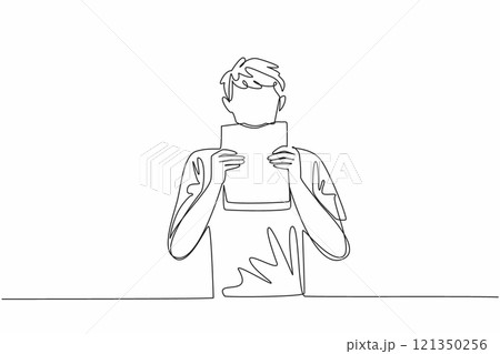 Single continuous line drawing man in casual clothes is biting a thick book. Enjoy the pleasure of books that offer a lot of knowledge. Education. Edible Book Day. One line design vector illustration 121350256