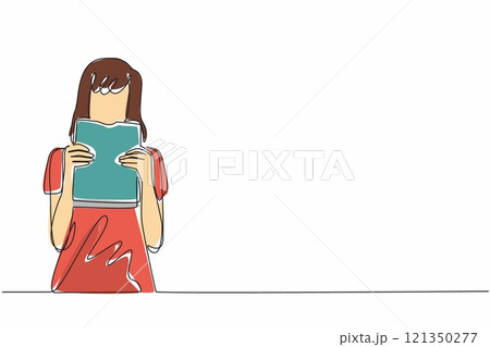 Single one line drawing a woman in casual clothes is biting a thick book. A unique metaphor. Spending a book increases understanding. Edible Book Day. Continuous line design graphic illustration 121350277